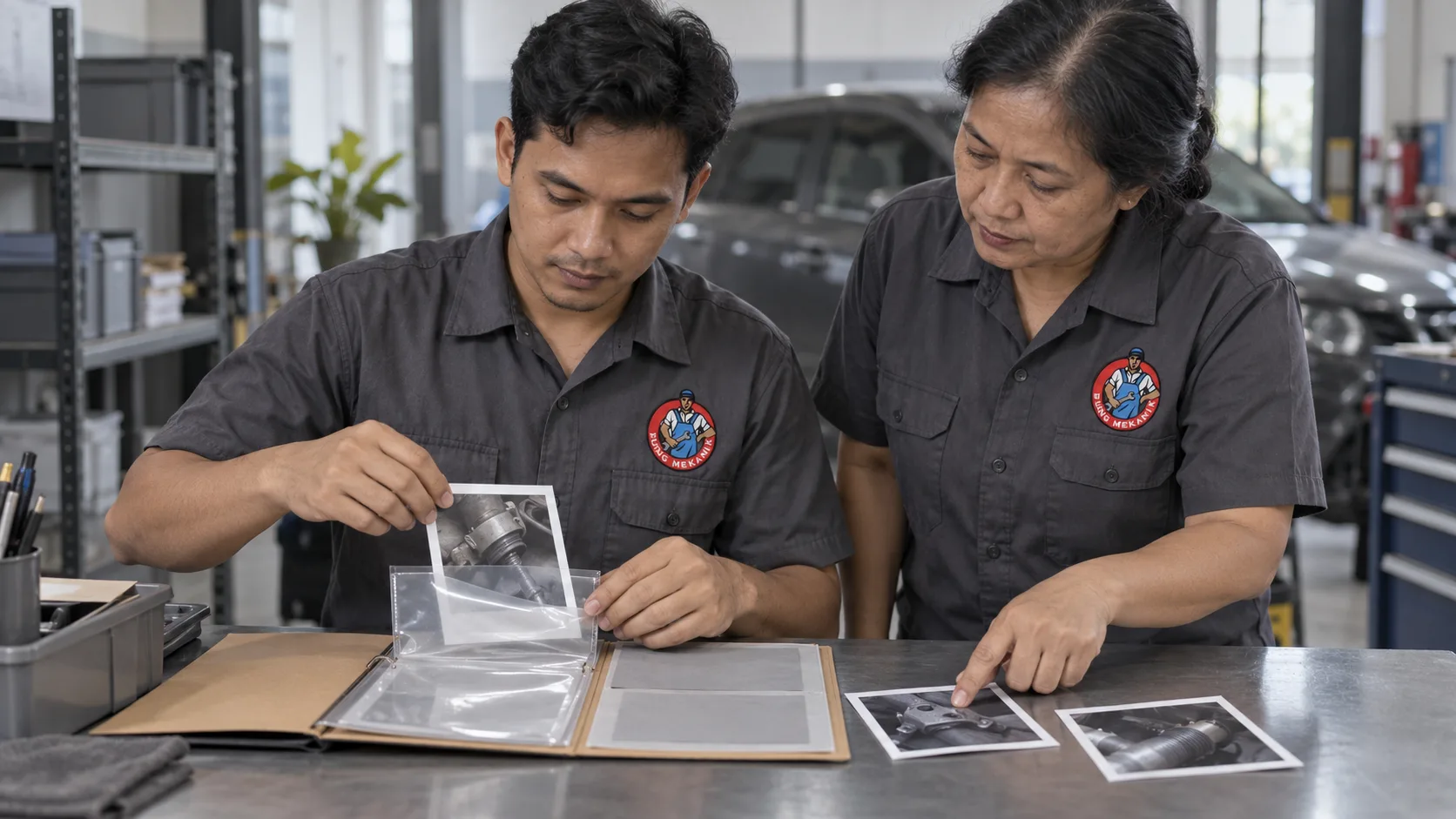 Tim layanan menyusun dokumentasi foto komponen ke dalam folder hasil pekerjaan.