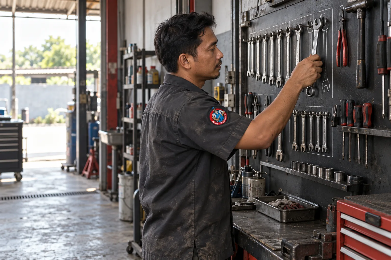 Mekanik merapikan kunci pada papan alat di area workshop.