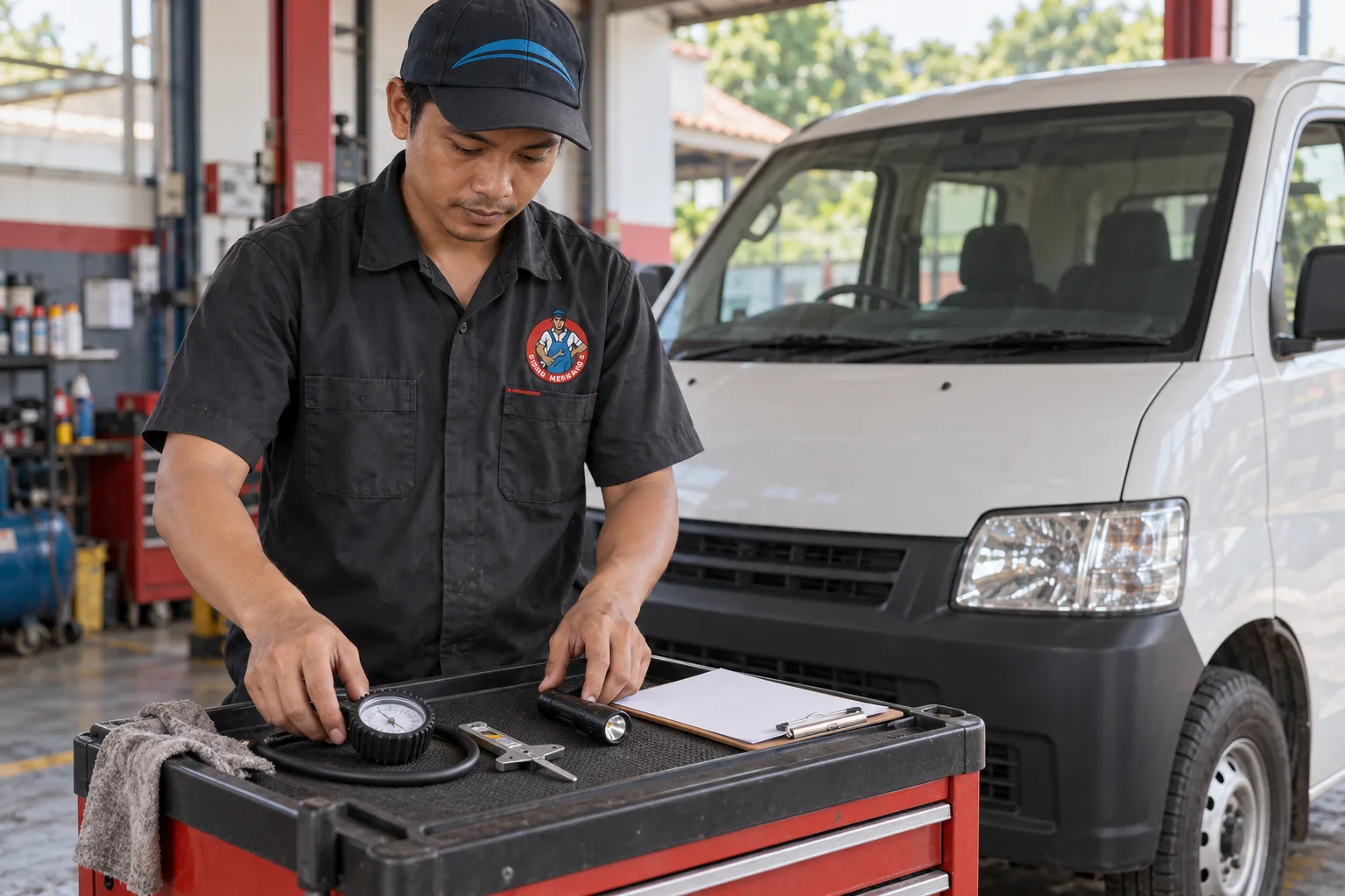 Mekanik menyiapkan alat ukur dan clipboard sebelum pemeriksaan kendaraan niaga.