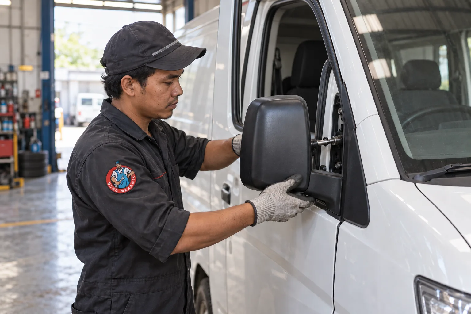Mekanik memasang unit spion pada kendaraan niaga di workshop.